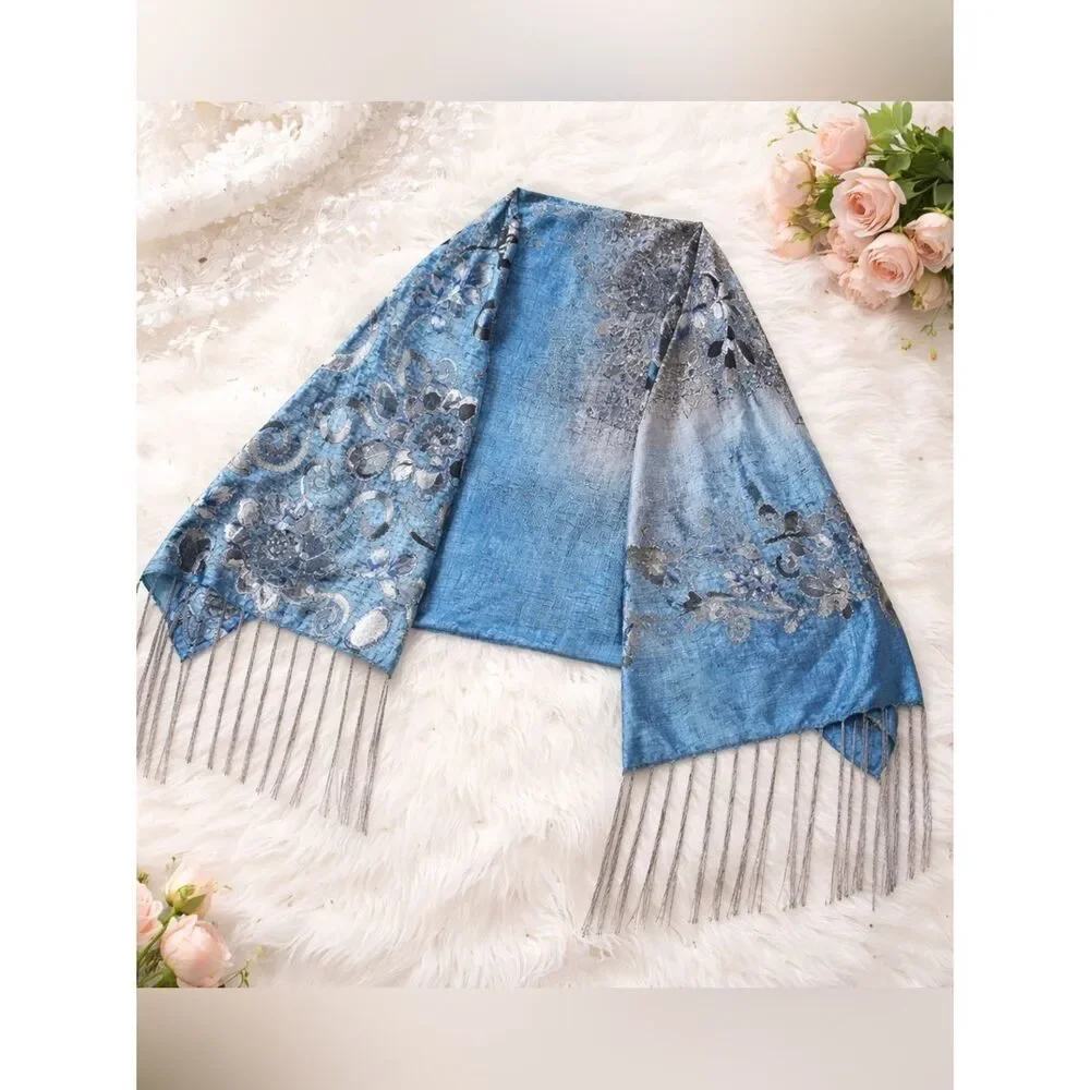 NWT Teal Blue Silver Black Floral Tassel Fringe Accent Shawl - Swimsuit Cover Up